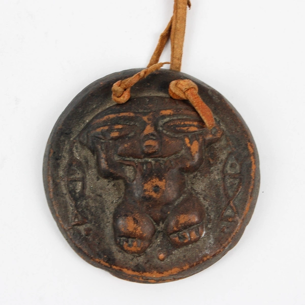 Handmade Carved Tribal Pottery Medallion Pendant Necklace 17"