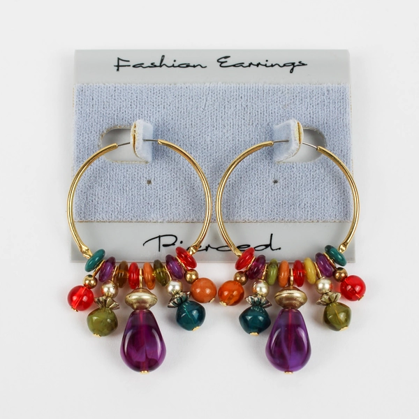 Colorful Glass and Bead Earrings Gold Tone Dangle Hoop Women's Fashion