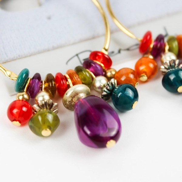 Colorful Glass and Bead Earrings Gold Tone Dangle Hoop Women's Fashion