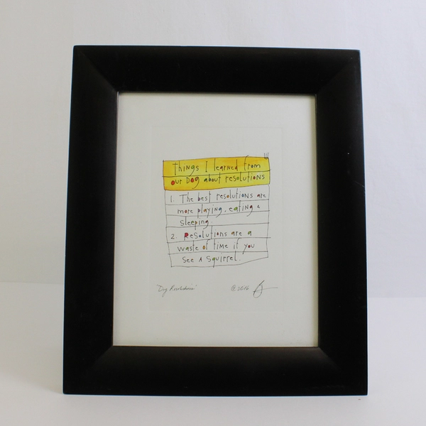 Dog Resolutions Signed Original Watercolor Brian Andreas 2016 Framed 11x13"