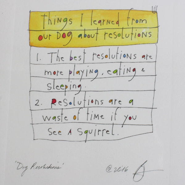 Dog Resolutions Signed Original Watercolor Brian Andreas 2016 Framed 11x13"