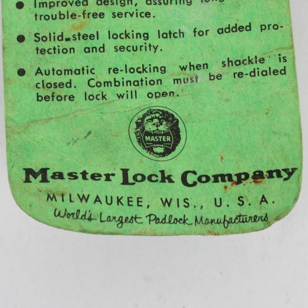 Vintage Master Lock Co. Padlock with Combination FLAW