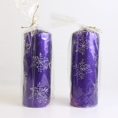 Lot of 2 Velvet Candles Purple Pillar Candles with Silver Snowflakes