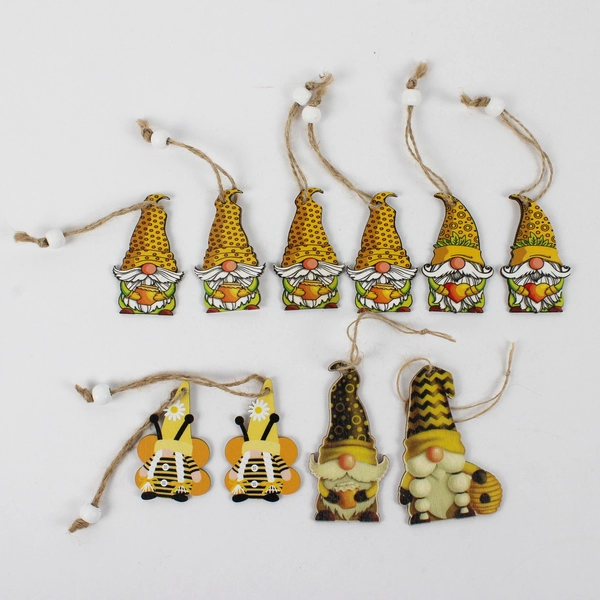 Lot of 10 Yellow Honeybee-Themed Wooden Gnome Ornaments