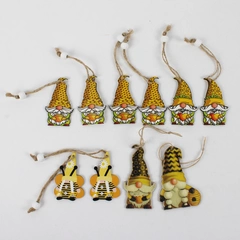 Lot of 10 Yellow Honeybee-Themed Wooden Gnome Ornaments