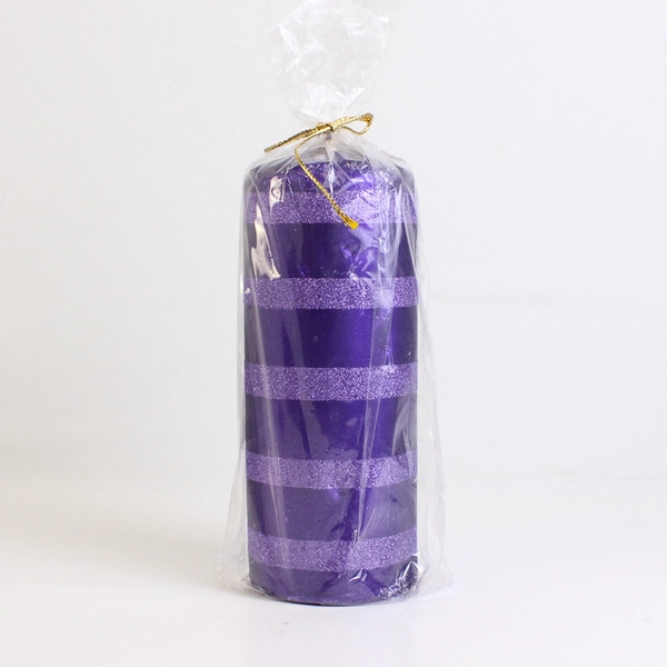 Velvet Candles Purple Pillar Candle With Glitter Stripes 3 x 9