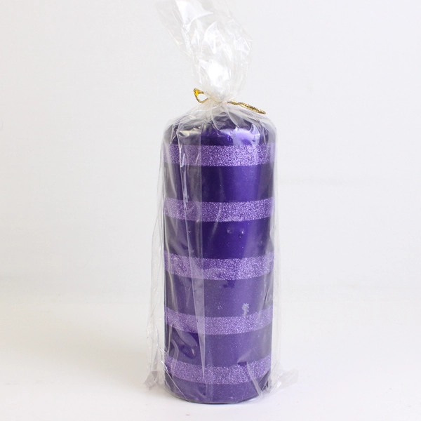 Velvet Candles Purple Pillar Candle With Glitter Stripes 3 x 9