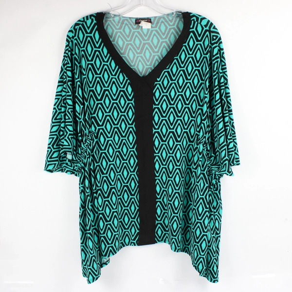 Cocomo Teal/Black Patterned Short Sleeve Blouse Women's Size 2X