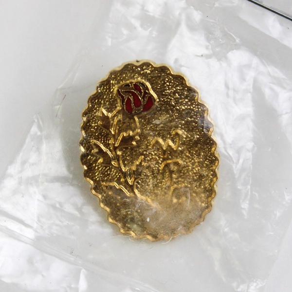 Gold Tone Oval at Or Lapel Pin With A Red Rose And WFC w/ Matching Pendant