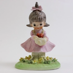 Vintage Lefton Girl Apple Basket Pink Dress Girl Porcelain Figurine 4” Tall