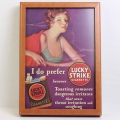 Heavy Wooden Framed Lucky Strike Cigarettes Advertising Artwork 9.8"x13"