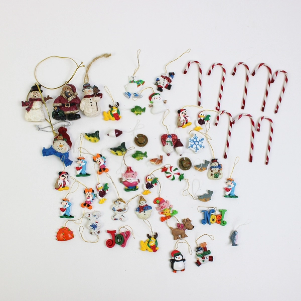 Mixed Lot 54 Miniature Hanging Christmas Ornaments Disney, Snowman, Santa, Fish