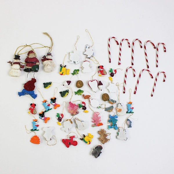 Mixed Lot 54 Miniature Hanging Christmas Ornaments Disney, Snowman, Santa, Fish