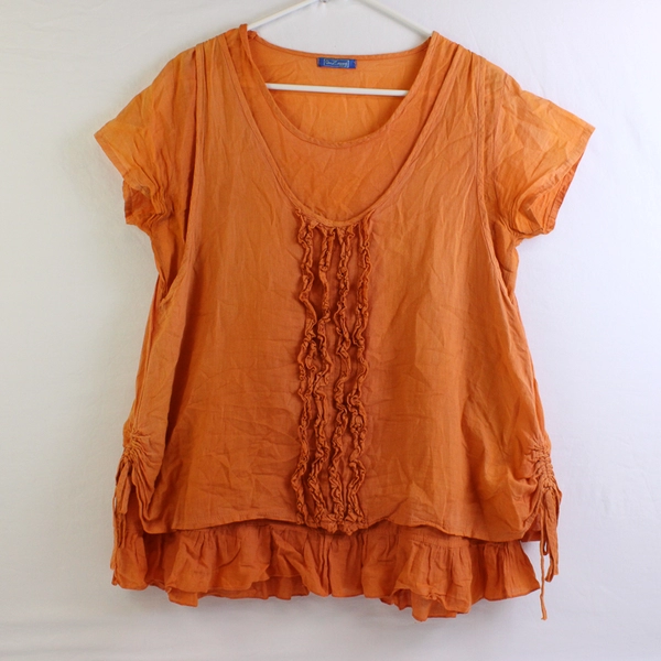 OmZappy Orange Cotton Layered Ruffle Shirt Women's Size Large