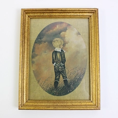 Vintage Framed Print of Young Boy with Flowers, 7.25" x 9.25"