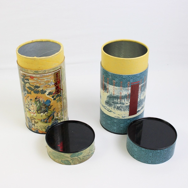 Lot of 2 Asian-style Cardboard Containers with Metal Lids