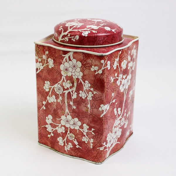 Vintage Asian Red/White Tea Caddy Container Tin with Lid Designed by Daher NY