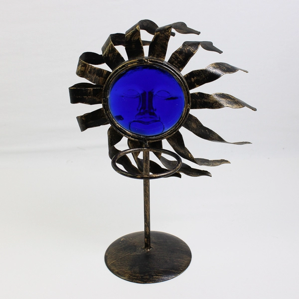 Blue Glass & Metal Sun Face on Stand 9" Wide Natural Wonders