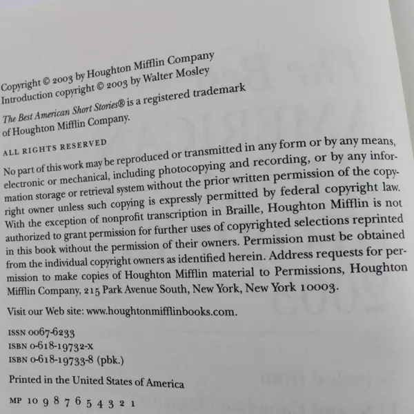 The Best American Short Stories 2003 Paperback Book Edited by Kenison & Mosley