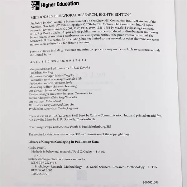 Methods in Behavioral Research by Paul C. Cozby Paperback 