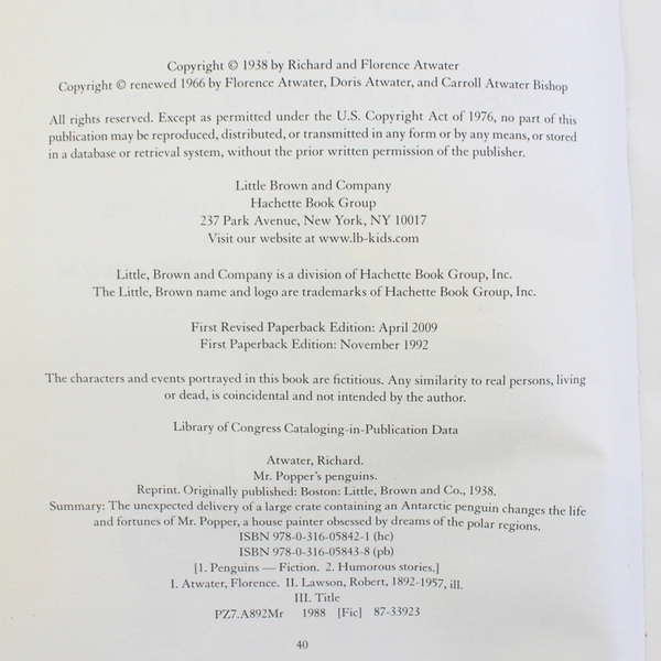 Mr Popper's Penguins Richard & Florence Atwater 1992, Trade Paperback