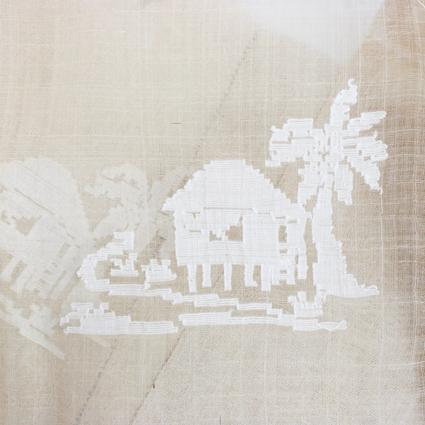 Vintage Damask Linen 44 Inch Square Tablecloth Palm Tree And Hut Pattern