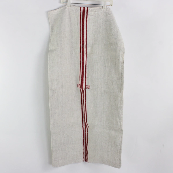 Antique French Heavy Hemp Grain Sack W/Red Stripes And H H Monogram 22 x 45 Inch