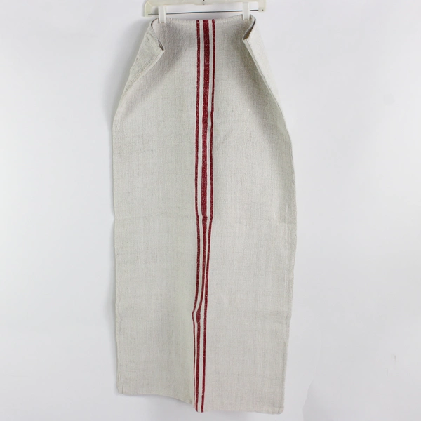 Antique French Heavy Hemp Grain Sack W/Red Stripes And H H Monogram 22 x 45 Inch
