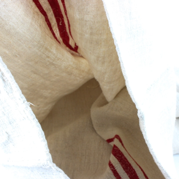 Antique French Heavy Hemp Grain Sack W/Red Stripes And H H Monogram 22 x 45 Inch