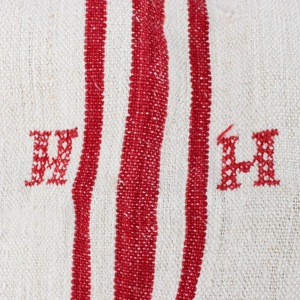 Antique French Heavy Hemp Grain Sack W/Red Stripes And H H Monogram 22 x 45 Inch