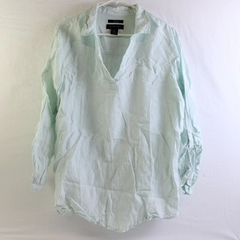 Tahari Solid Pale Turquoise Color 100% Linen Long Sleeve Blouse Womens Size 1X