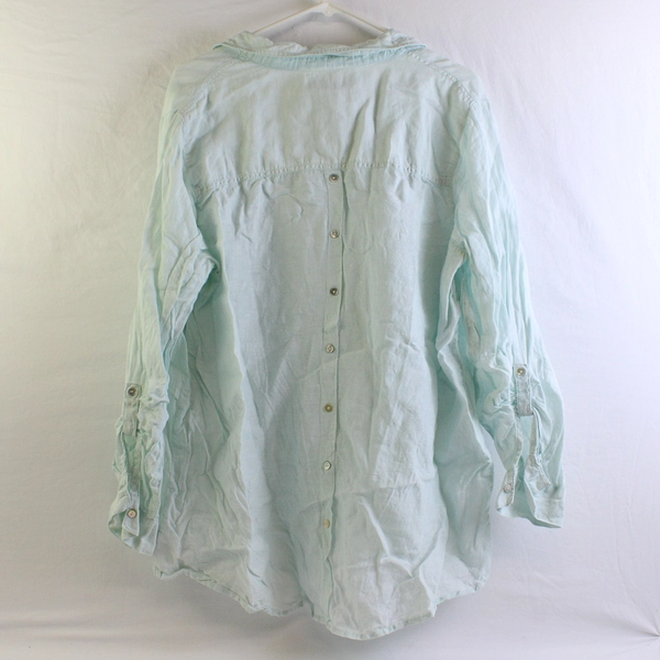 Tahari Solid Pale Turquoise Color 100% Linen Long Sleeve Blouse Womens Size 1X