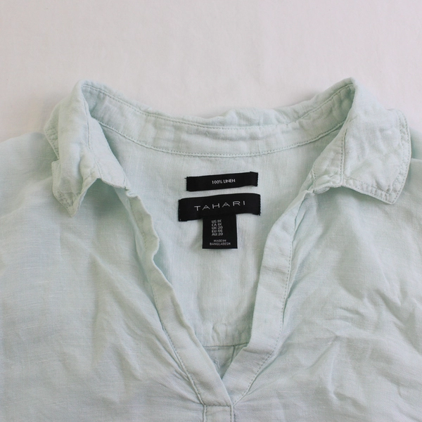 Tahari Solid Pale Turquoise Color 100% Linen Long Sleeve Blouse Womens Size 1X