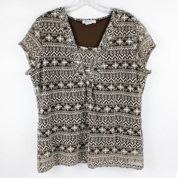 Liz Claiborne Short Sleeve Blouse Brown W/ White Embroidery Womens Size XL