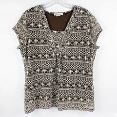 Liz Claiborne Short Sleeve Blouse Brown W/ White Embroidery Womens Size XL