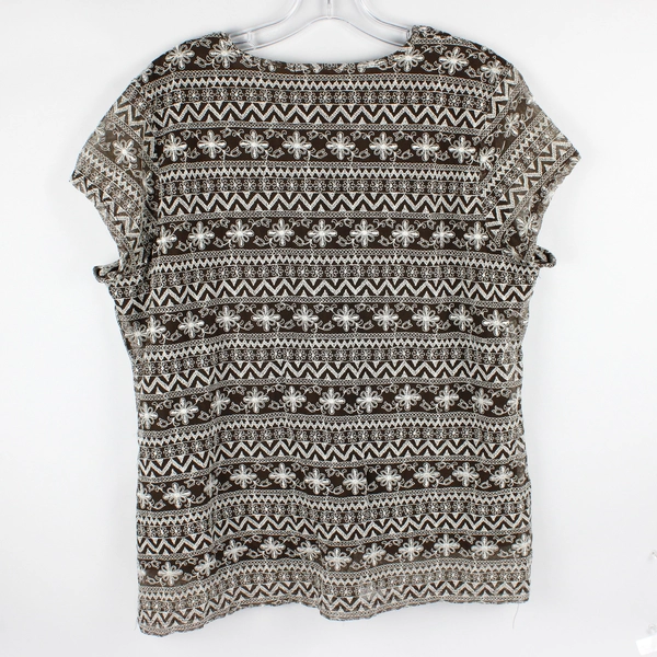 Liz Claiborne Short Sleeve Blouse Brown W/ White Embroidery Womens Size XL