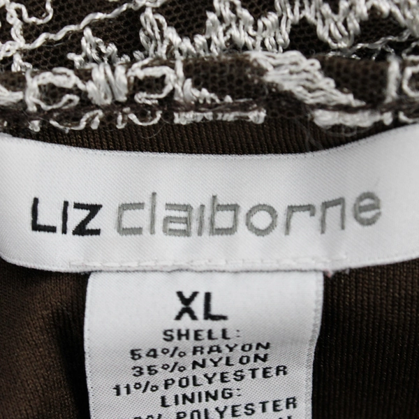 Liz Claiborne Short Sleeve Blouse Brown W/ White Embroidery Womens Size XL