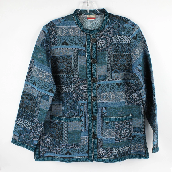 Tudor Court Mandarin Collar Blue Tapestry Jacket Women's Large