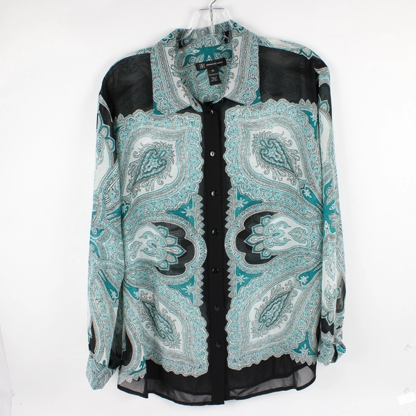 I.N.C International Concepts Sheer Black White Teal Paisley Button-Up Women's 16