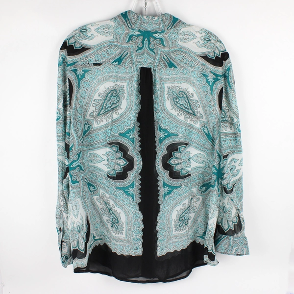 I.N.C International Concepts Sheer Black White Teal Paisley Button-Up Women's 16