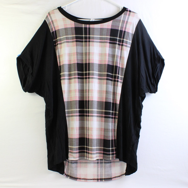 Honeyme Black Pink Beige Plaid Dolman Sleeve Top Women's Size Large