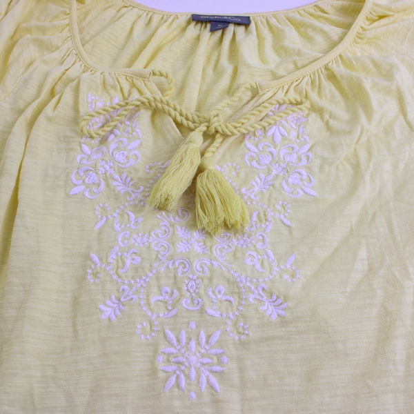 Style & Co. Women's Petite L Yellow Embroidered Balloon Sleeve Blouse
