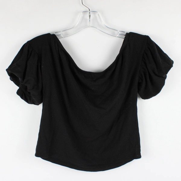 Love Fire Women’s Crop Top Size M Black Ribbed Pattern Scoop Neck Puff Sleeves
