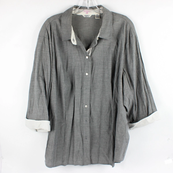 Lee Riders Women's Button Up Collared Shirt 3/4 Sleeves Gray White Cuffs Size 3X