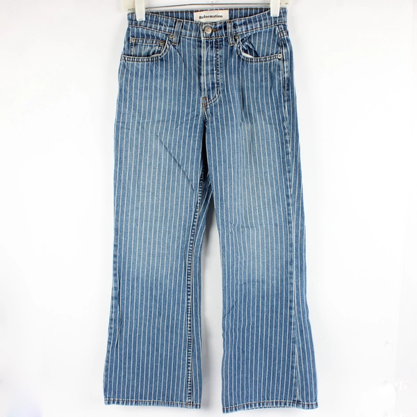Reformation Women's 25 Mesa Stripe Mid-Crop Flare Blue Jeans