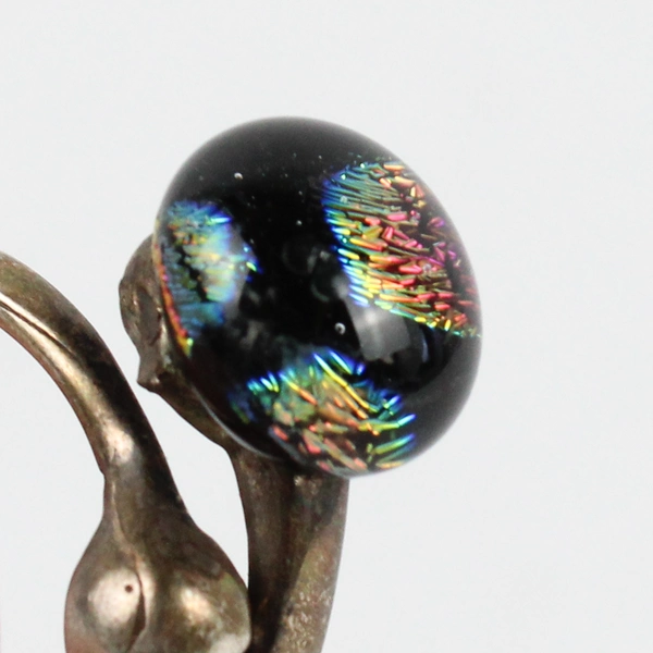 Silver Tone Metal and Art Glass Ring Size 5 1/2