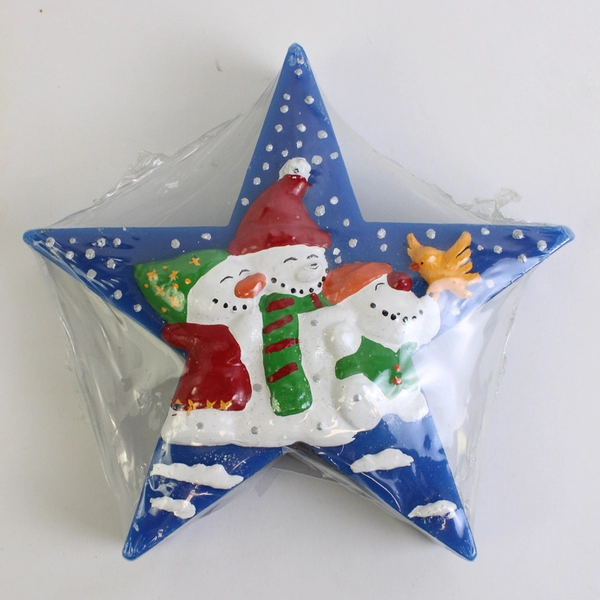 Carolina Designs Blue Star Shaped Christmas Candle With Embossed Snowmen NIP