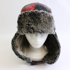 Black and Red Plaid Trapper Hat Faux Fur Trim One Size 