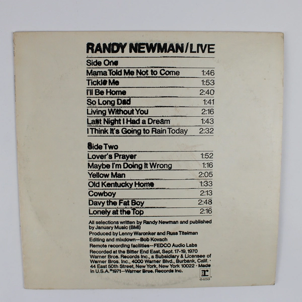 Randy Newman “Live” Vinyl Album, 1971 RS 6459