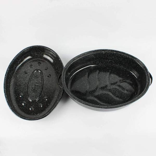 Black Speckled Enamel Oval Roaster 16" Covered Cookware Pan
